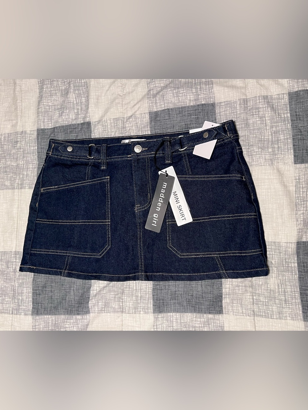 Madden Girl Dark Indigo Denim Mini Skirt with Contrast Stitching
